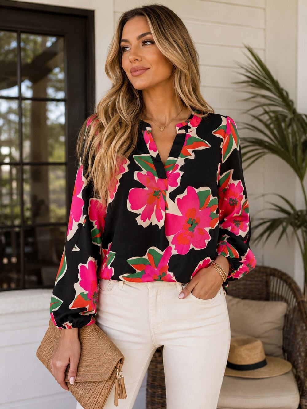 Jodifl Floral Blouse Size Small Black Pink V-Neck Long Sleeve Top